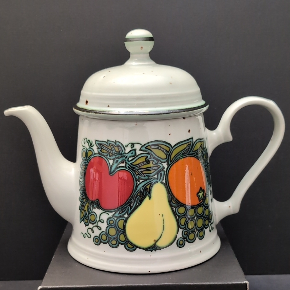 VGT, Johnston Brothers Ironstone Pale Green Teapot with Fruits.